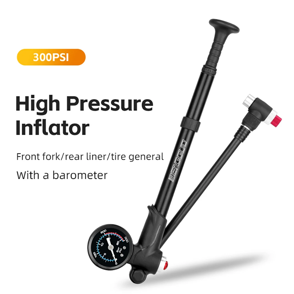 300PSI High-pressure MTB Bicycle Pump with Gauge Bike Manual Air Inflator 360 Degree Rotary Hose with Fork Rear Suspension Tire