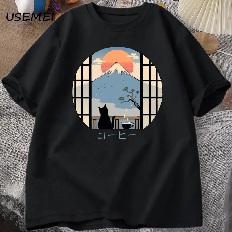 

Coffee Cat in Mt Fuji T-shirt Men Women Round Neck Short Sleeve Tshirt Japanese Style Printed T-Shirt Cotton Oversized Tops