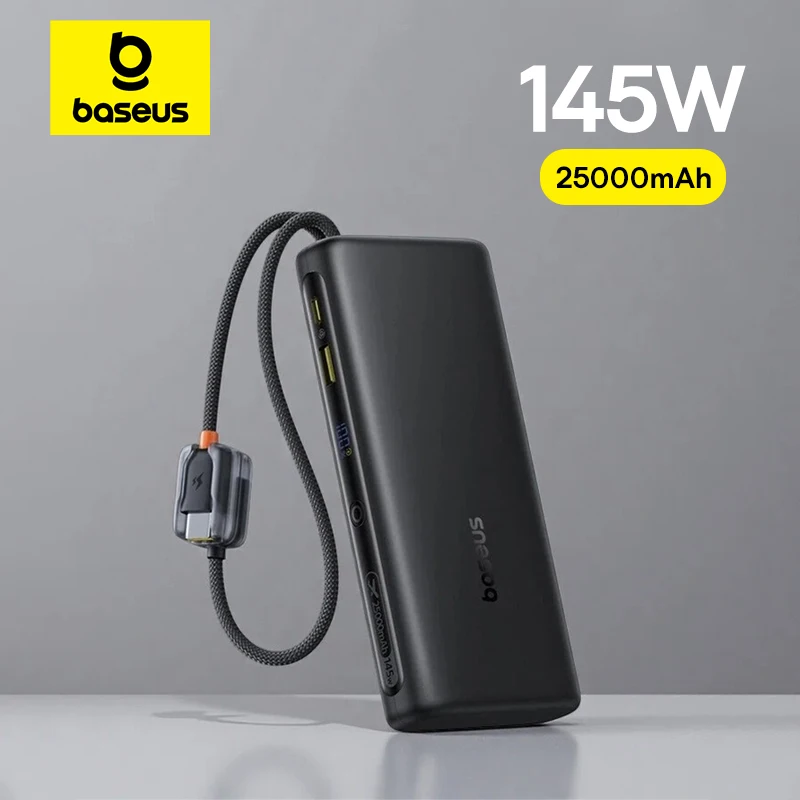 Портативное зарядное устройство Baseus 145W Power Bank 25000 мАч с быстрой зарядкой и встроенным кабелем Type-C для iPhone, Samsung, MacBook, планшетов