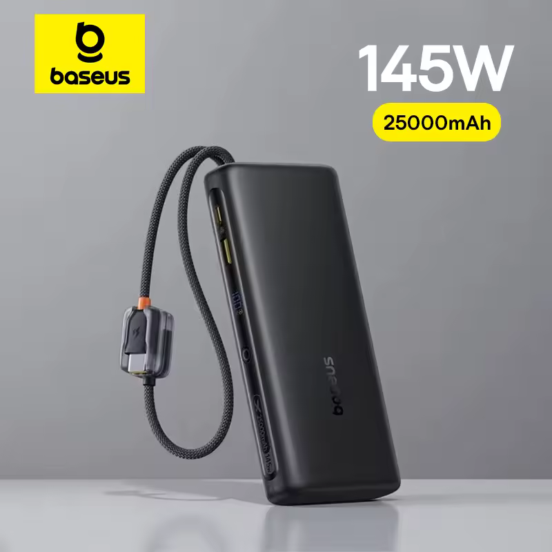 Baseus 145W Power Bank 25000mAh טעינה מהירה כבל Type-C מובנה מטען סוללה נייד לאייפון סמסונג מקבוק טאבלט