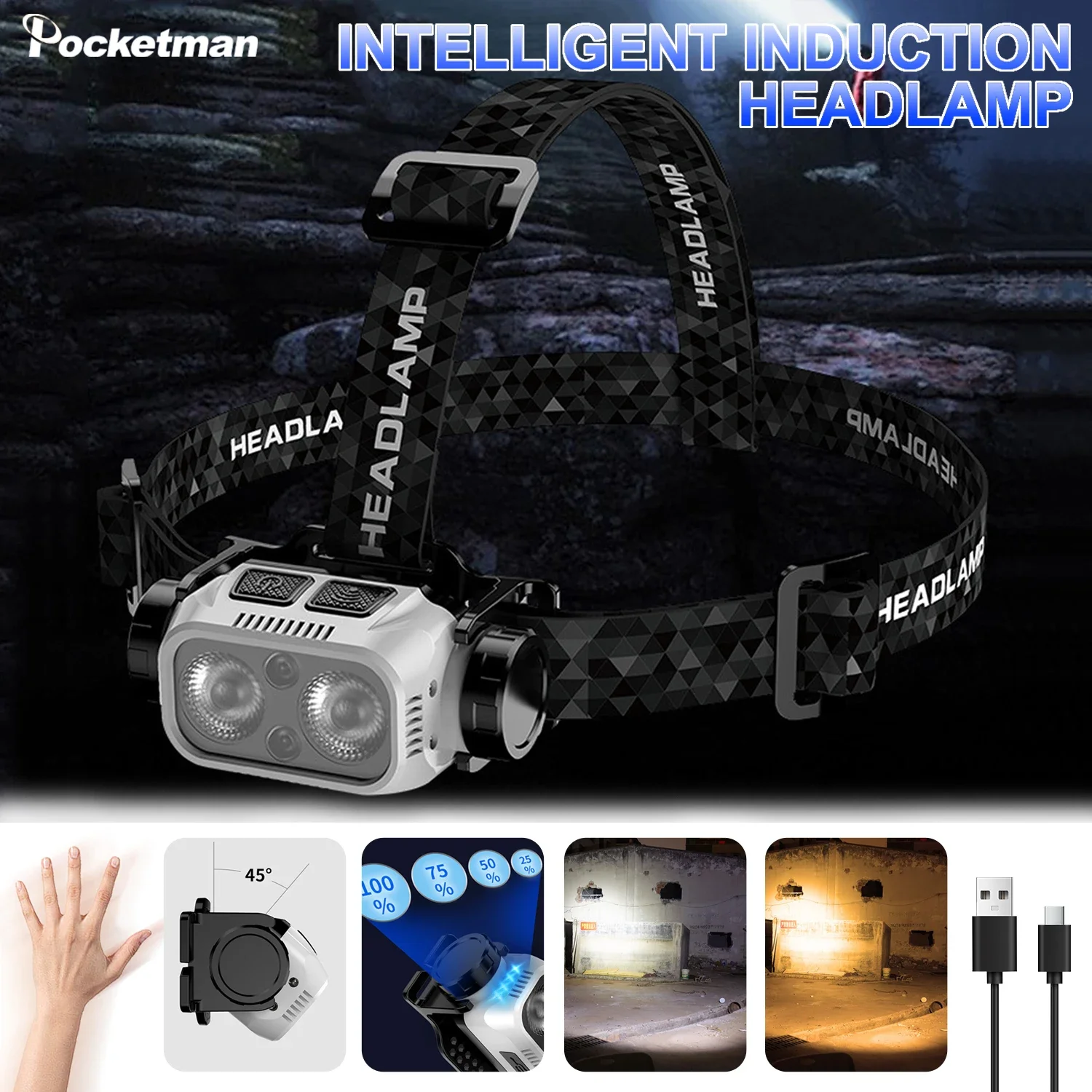 

Strong Light Headlamp Mini LED Night Fishing Powerful Torch Head Lamp Outdoor Waterproof Camping Portable Sensor Headlamps