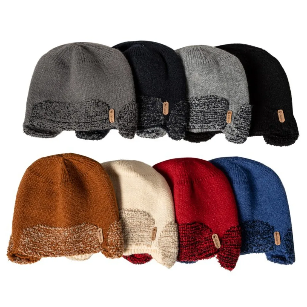 

Classic Soft Earflap Woolen Hat Thickened Cold Proof Knitted Elastic Hat Solid Color Headgear Hooded Thermal Cap Keep Warm