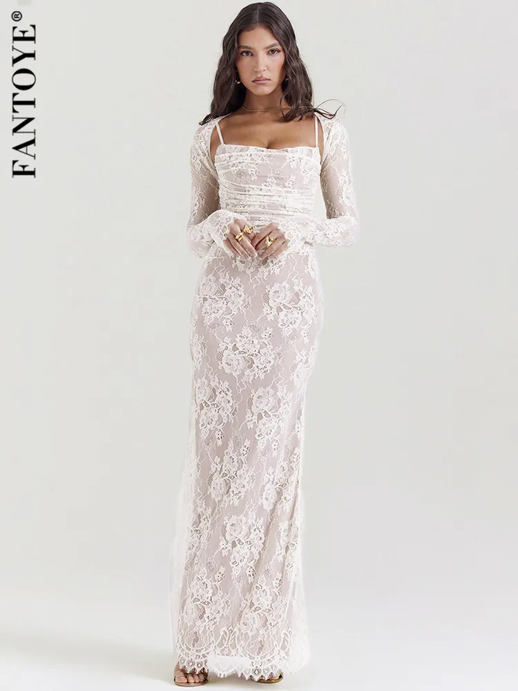 Fantoye Autumn New Double Layer Lace Women Two Piece Sets White Long Sleeve Spaghetti Strap Dress Skinny Elegant Party Clubwear