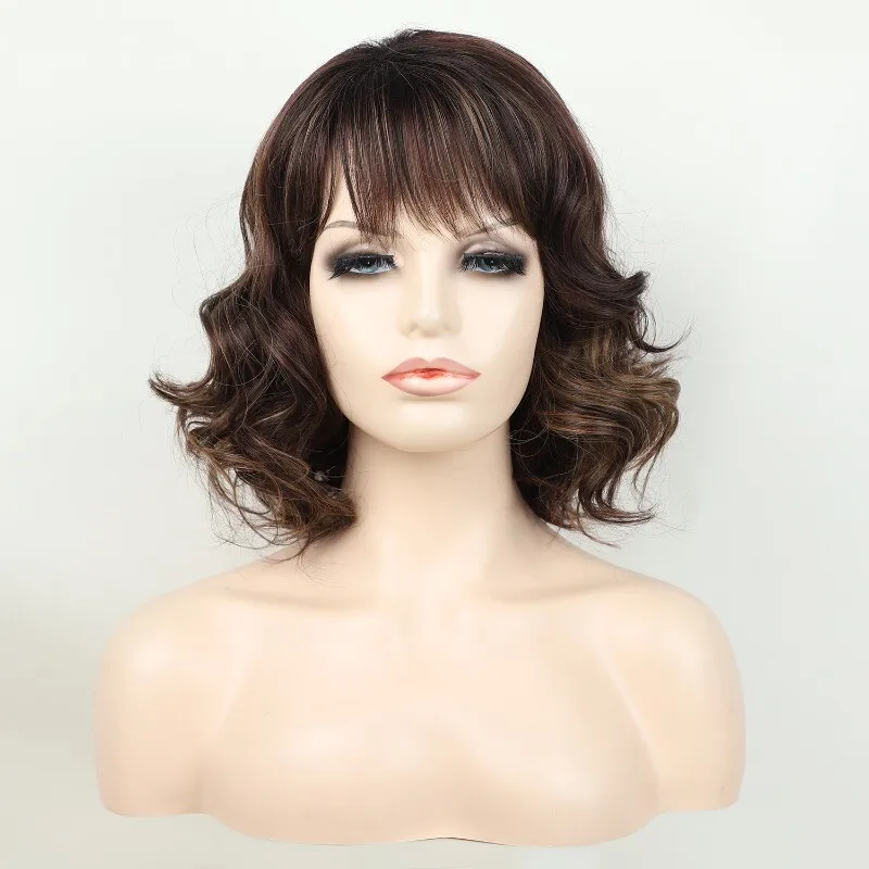 

Women Wavy Curly Wig Dark Brown Short Synthetic Ladies Party Wig+Wig Cap