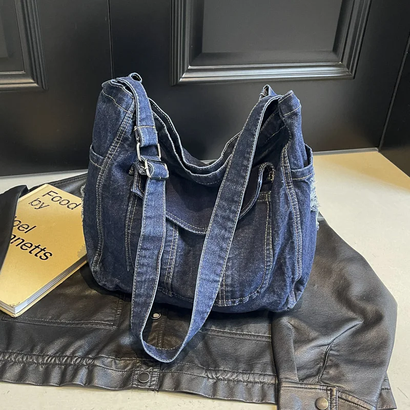 Cross-border Foreign Trade Washed Denim Tote Bag Women's 2024 New Large-capacity Shoulder Bag Class Messenger Bag