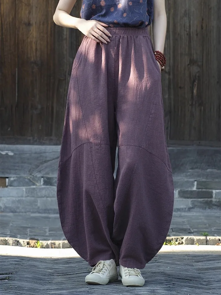 High Waist Wide Leg Lantern Pants Women's Casual Loose Fit High Waist Lantern Pants Linen Material Chinese Style Autumn Wear