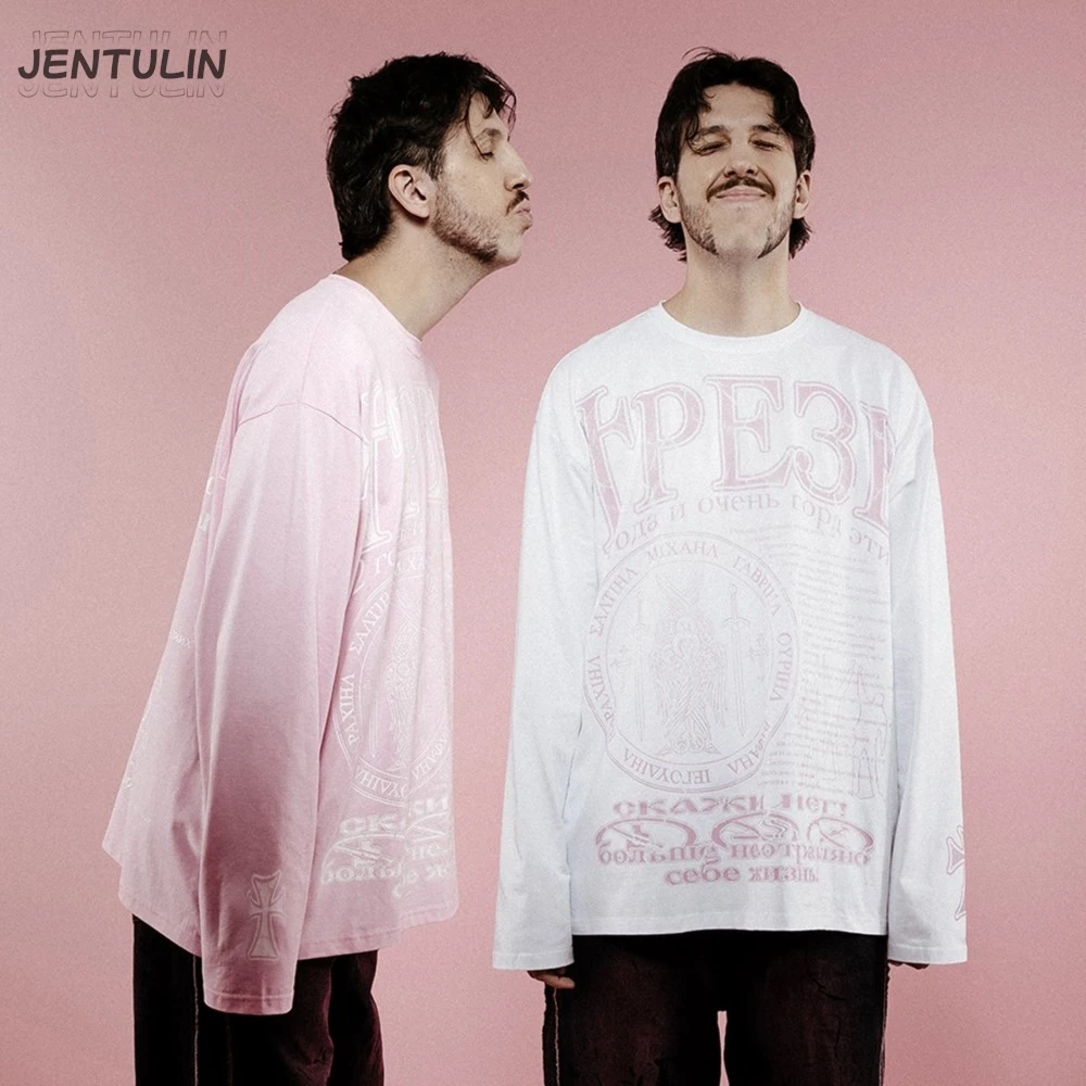 Oversized Men's Clothing Streetwear Трезв Print Autumn Hip Hop Korean Long Sleeve Y2k Top Cotton Graphic Unisex Pink Tshirt Goth image 3