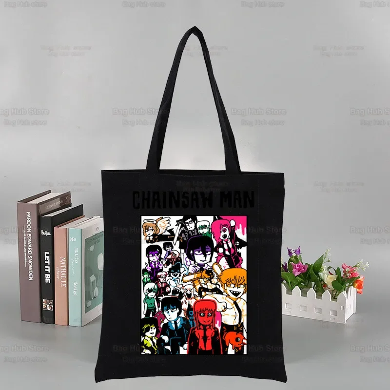 Anime Chainsaw Man Manga Black Canvas Bag Large Capacity Makima Pochita Denji Storage Handbag Shoulder Bag Tote Student Bookbag