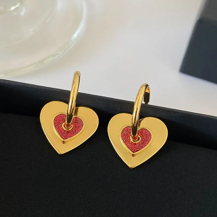 Hot Designer Brand Removable Red Heart Gold Earrings Woman Luxury Jewelry Party Gift Trend