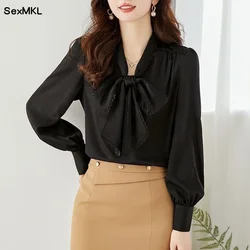 Elegant Bow Chiffon Blouses Office Women Fashion Autumn Winter Blusas Korean Clothing White Black Ladies Puff Sleeve Tops Shirts