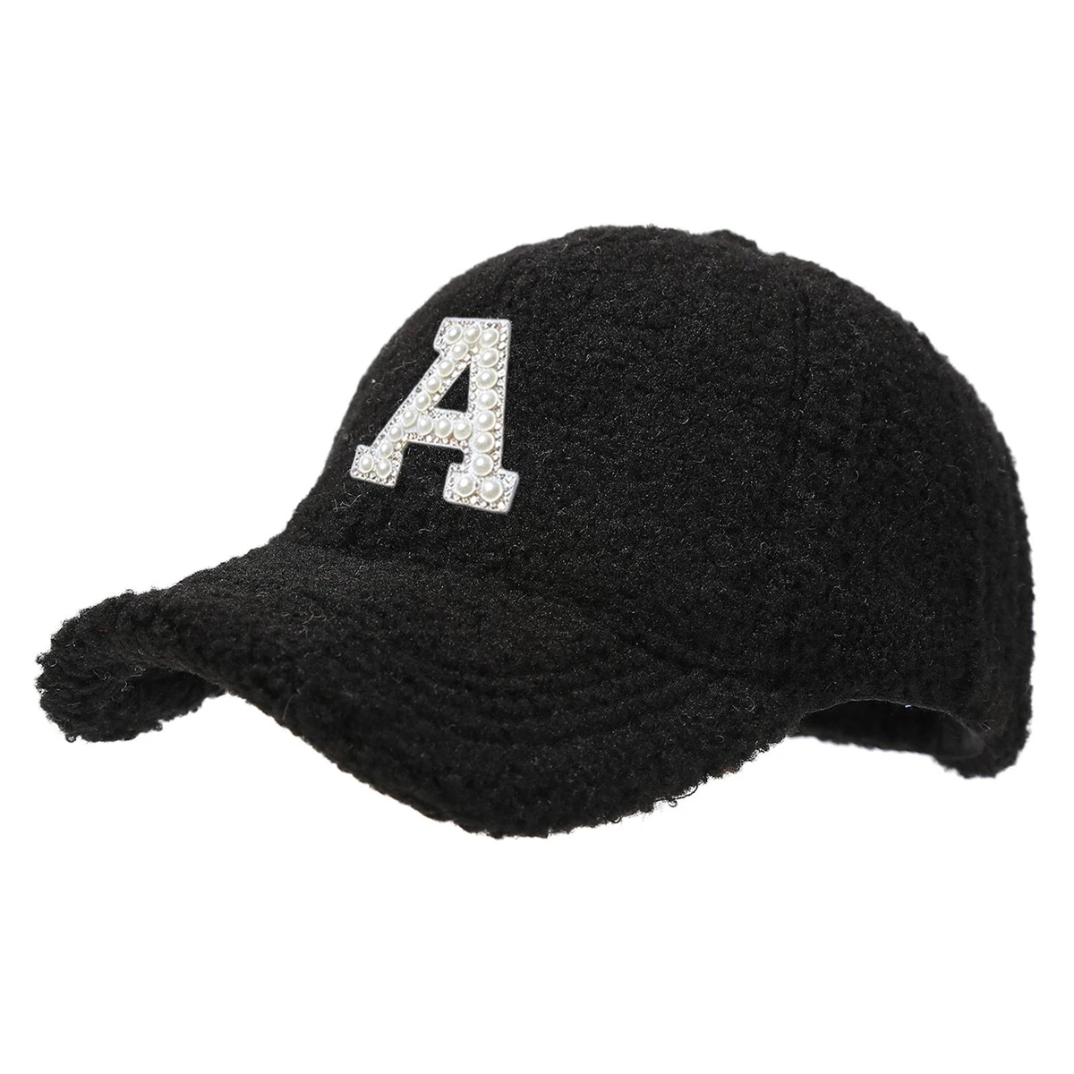 Women 26 Letters Baseball Cap, Black Faux Fleece Hat with Pearl Rhinestone Letter A-Z Patch, Cozy Adjustable Winter Cap