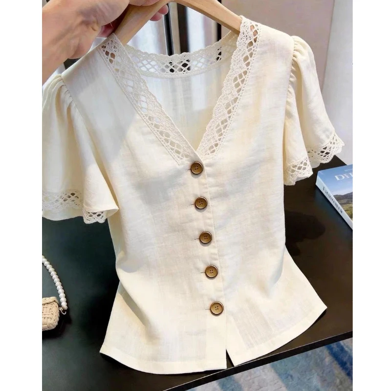 Office Lady V Neck Lace Patchwork Solid Button Blouse Summer Short Sleeve Temperament Shirt Tops Elegant Fashion Women Clothing
