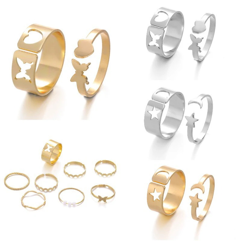 2pcs/Set Fashion Couple Finger Rings for Lover's Punk Opening Moon Star Bow Rings for Women Gold Love Heart Finger Accessories