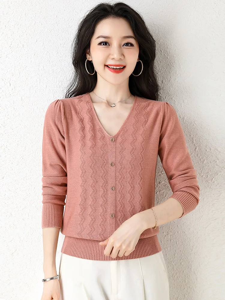 TuangBiang Autumn 2022 Wave Ribbed Button Elegant Pullover V-Neck Ladies Elegan Cotton Sweater Elasticity Winter Knitted T-Shirt