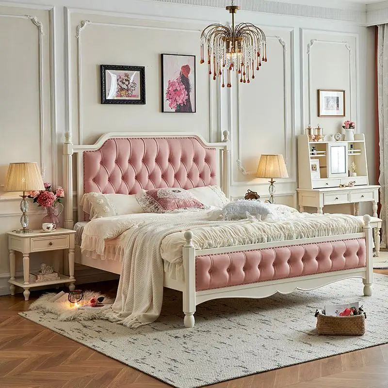 

Cream wind white solid wood bed pink leather soft by girl wind princess bed 1.8 meters double bed master bedroom furniture