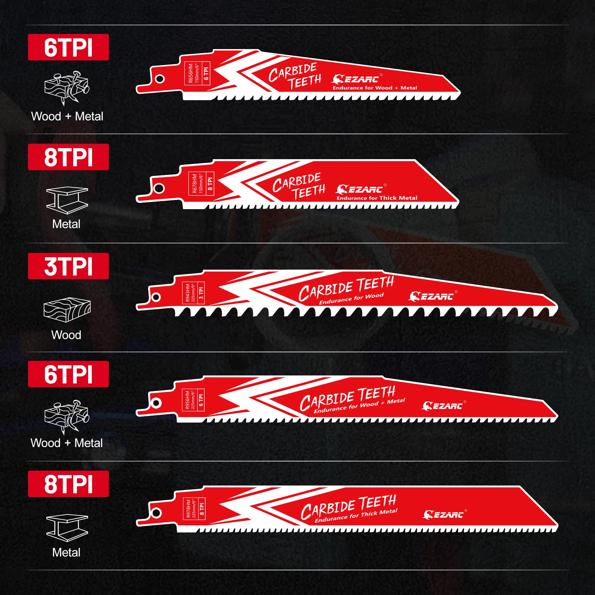 EZARC Carbide Reciprocating Saw Blades 5pcs Set, 3-8 TPI Multi-Material Cutting, Ideal for Wood, Metal, Cast Iron & Alloy Steel