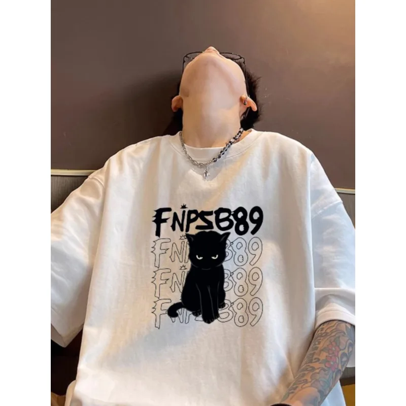 

Мужская свободная футболка с короткими рукавами из чистого хлопка Fun Little Cat, повседневная трендовая футболка с круглым вырезом и короткими рукавами, летняя