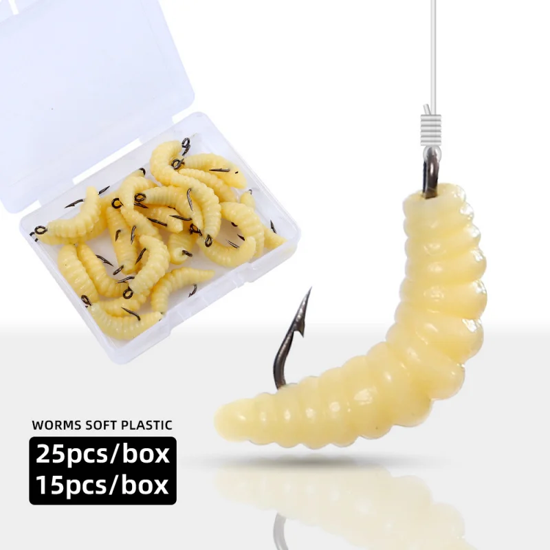 Isca Artificial Macia Tipo Minhoca com Anzol, Isca de Pão em Caixa para Carpa, Peixe-Boca-Branca, Peixe-Riscado, Equipamento de Pesca Cru