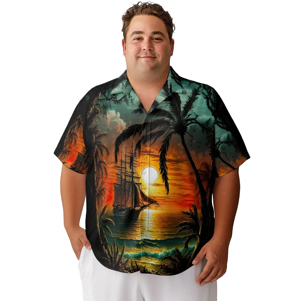 Beach holiday landscape print minority short-sleeved shirt men's summer baggy large size lapel T-shirt top