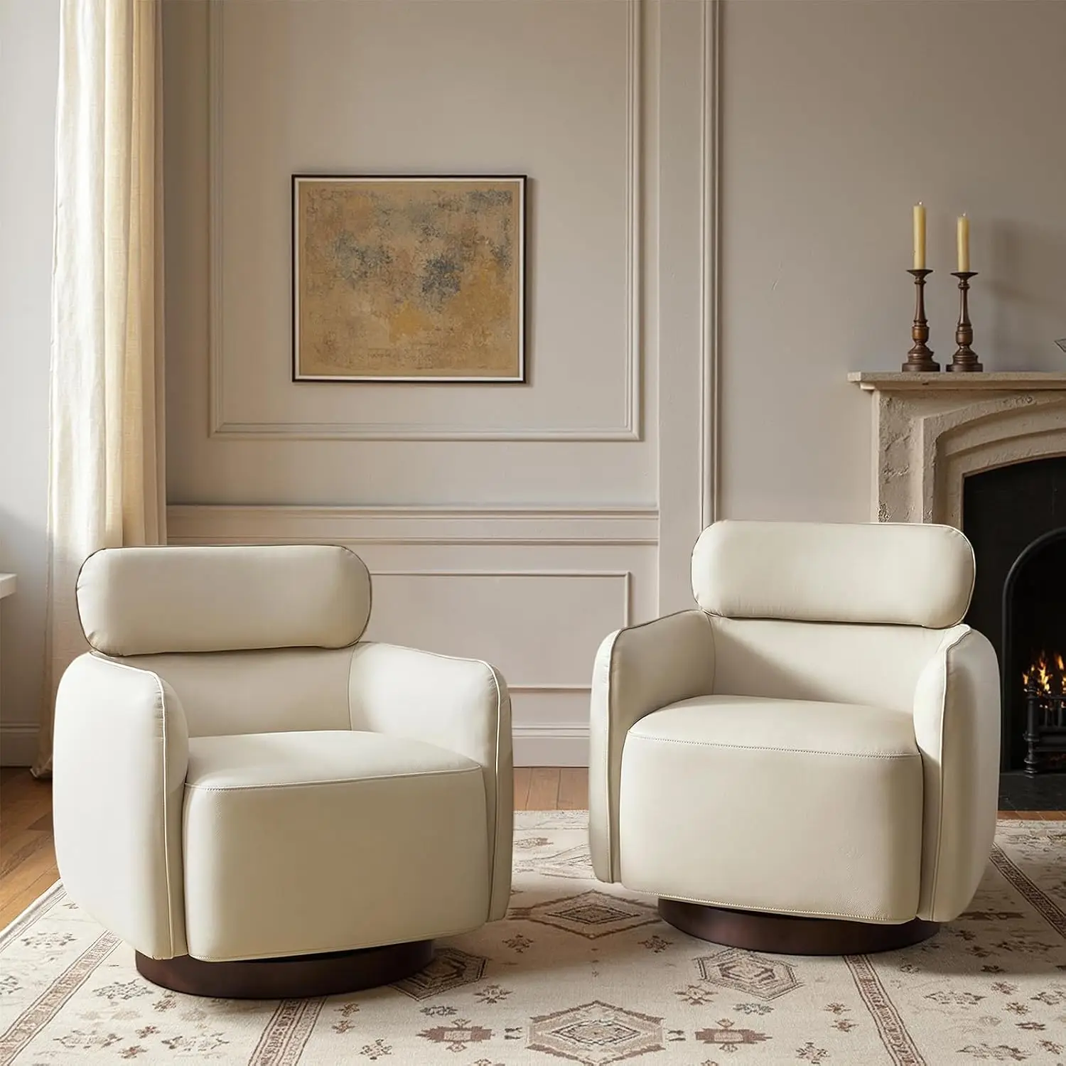 Genuine Leather Swivel Rocker Chairs Set of 2, Swivel Rocking Barrel Chairs with Wooden Base, Modern Leather Accent Chairs for L