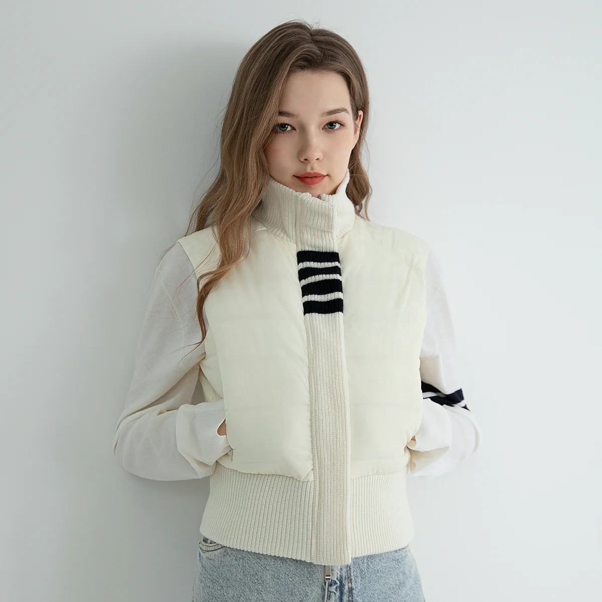 TC746 High quality luxury women's clothing trendy brand 100% wool patchwork white goose down jacket winter vest coats