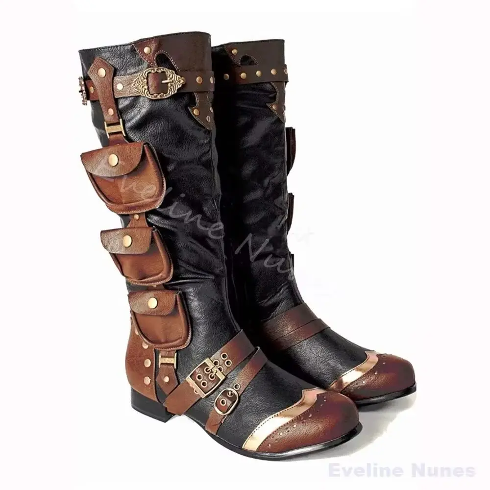 Botas Altas Retro Steampunk Medievales para Hombre con Hebilla de Cinturón y Bolsillo Decorativo, Botas Vaqueras Occidentales, Novedad 2026, Botas de Cosplay de Tallas Grandes para Hombre