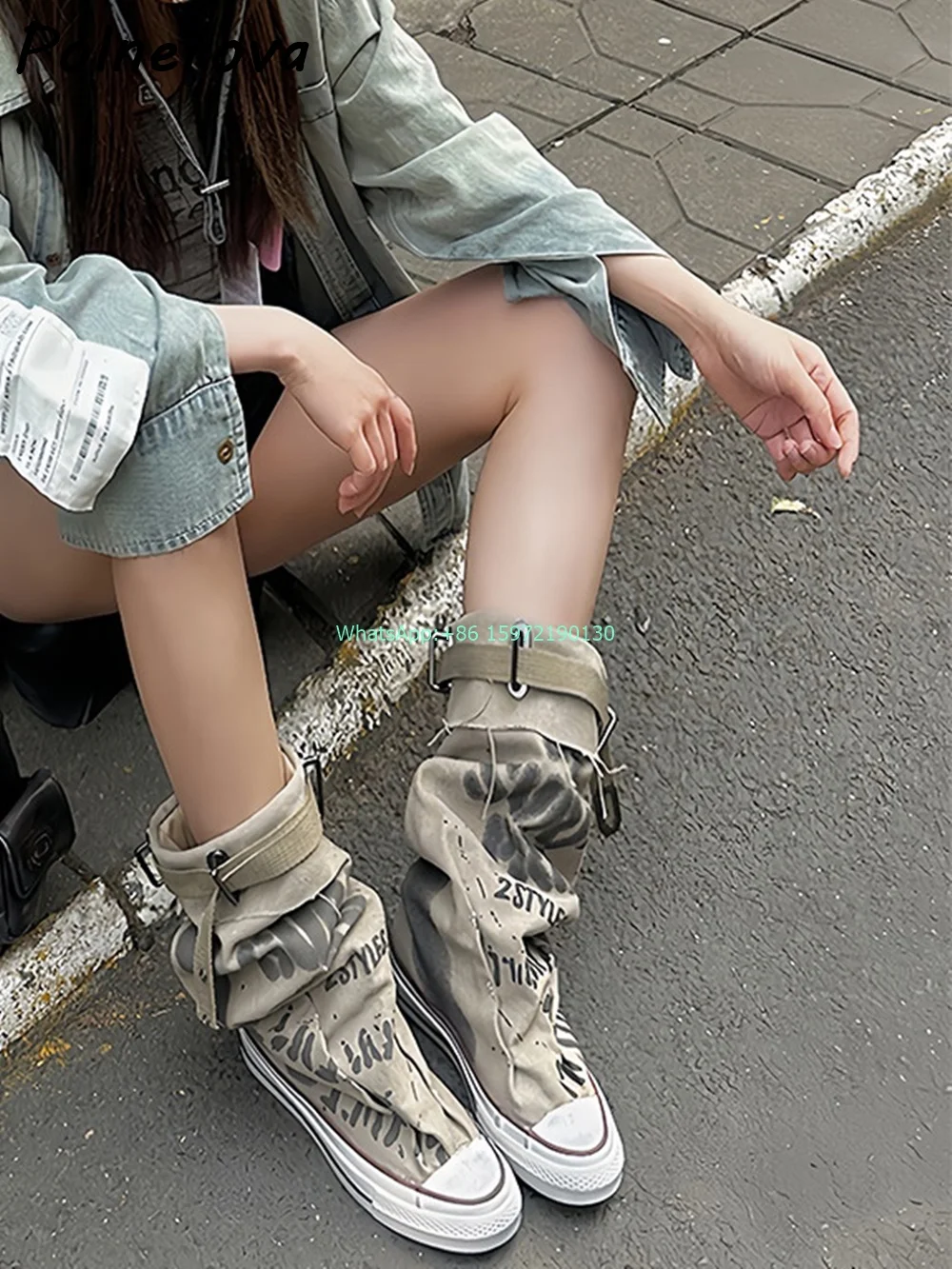 Canvas Graffiti Knee High Boots Pound Toe Flat with Retro Mixed Color Shoes Leisure Buckle Comfortable High Top Board Shoes