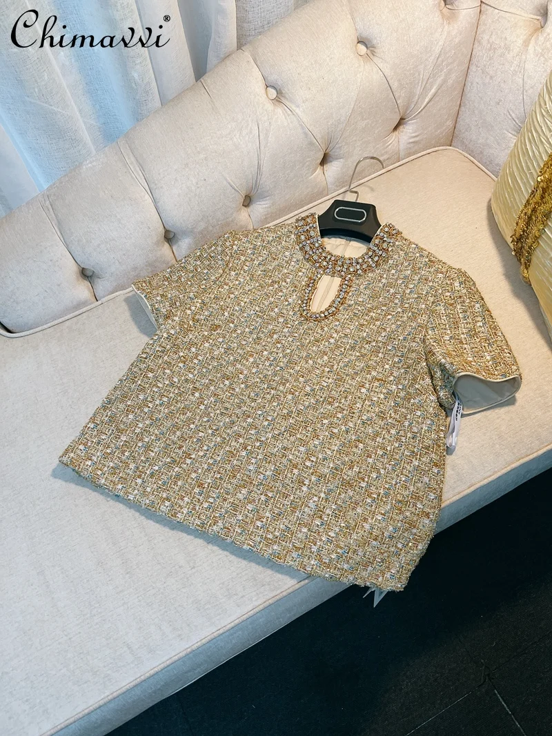 

French Style Retro Commuter Sequin Rhinestones round Neck Short Sleeve Loose Fashion Gold Tweed Top Shirt for Women Summer 2024