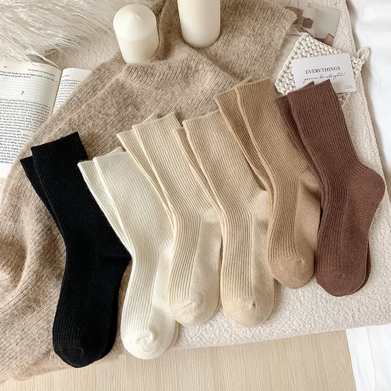 Cashmere Wool Woman Socks Solid Cream Color Harajuku Retro Long Socks Women Girls Thermal Crew Sock Calcetines Mujer