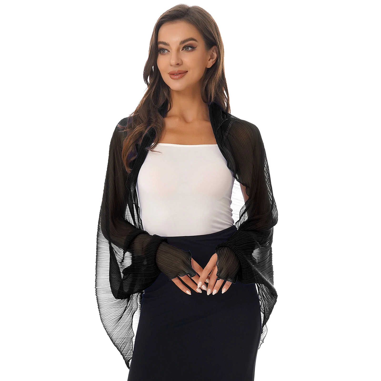 Womens Sun Protection Tops Open Front Chiffon Wraps Pleated Driving Sleeve Shawl Scarf Sunshade Cover Ups Beachwear Bolero