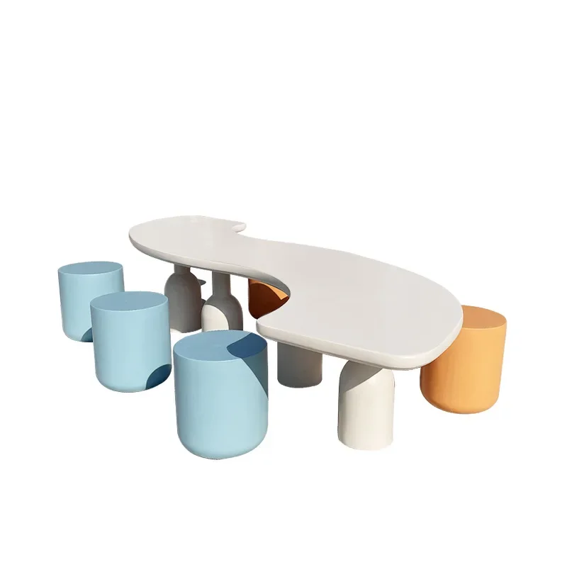 

FRP children's round seat stool kindergarten special-shaped study table and chair combination FRP campus dining table stool