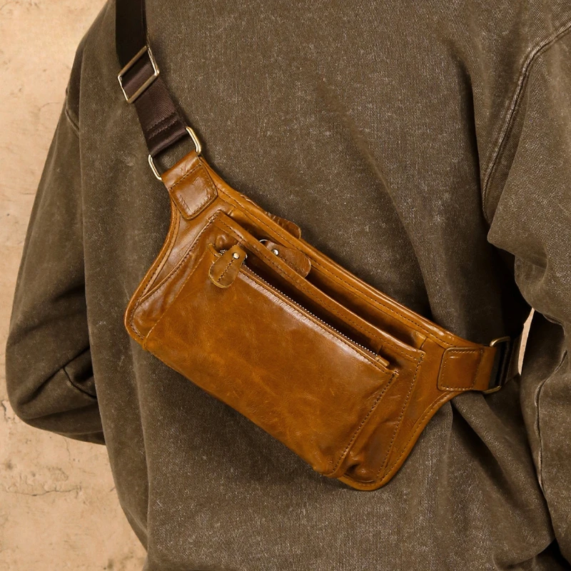 

Men Genuine Leather Sling Shoulder Chest Bag High Quality Waist Bag Soft Cowhide Leather Crossbody Purse Mobile Phone Waist Bag