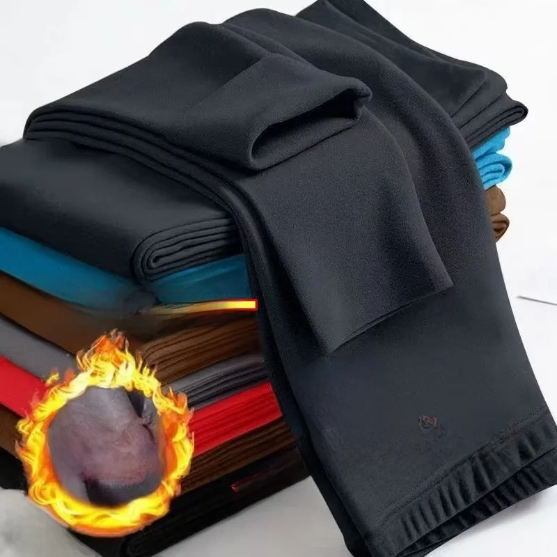 

Мужские зимние теплые брюки из хлопка и шерсти, облегающие, повседневные, базовый слой, с эластичным поясом, из полиэфирного волокна, прямого кроя, цветные