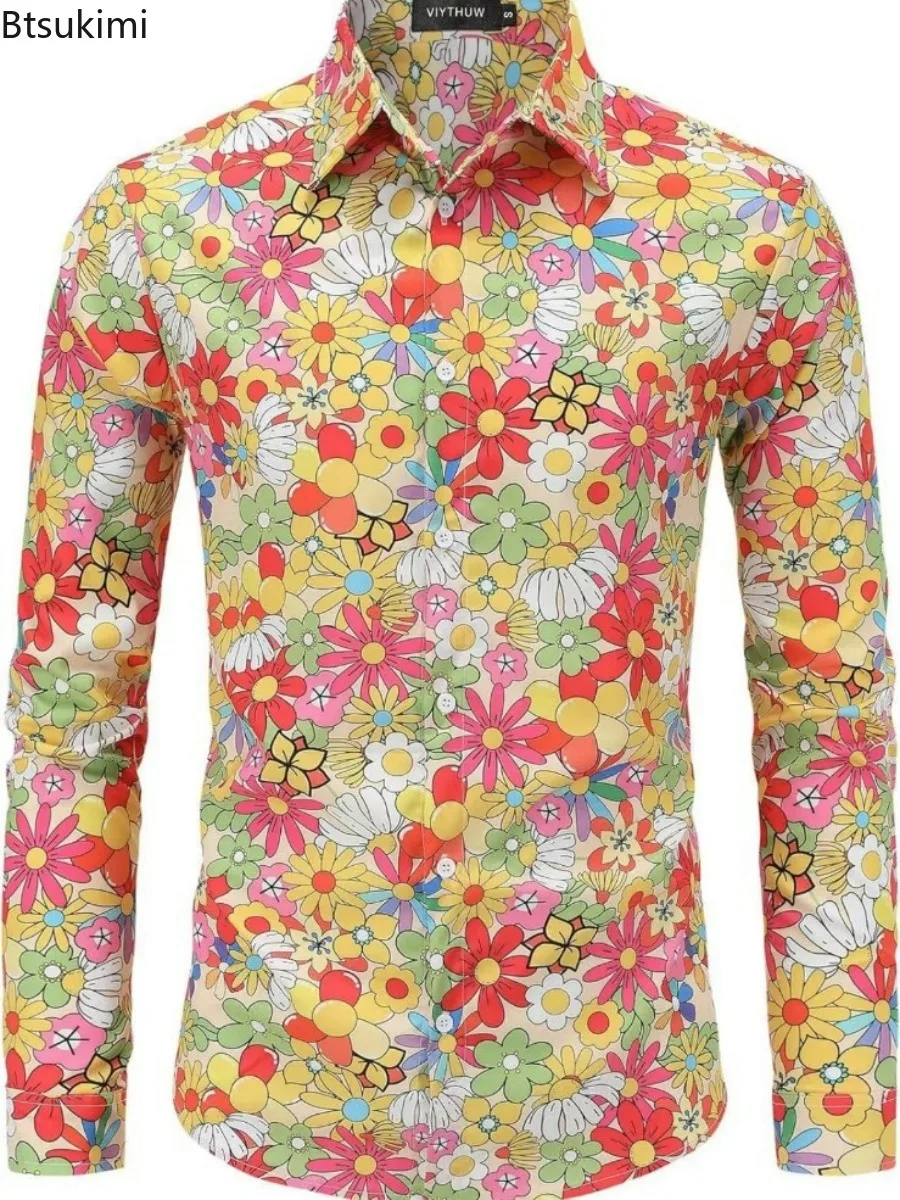 เสื้อเชิ้ตแขนยาวพิมพ์ลายผู้ชายใหม่ สไตล์ลำลองลายชนเผ่า สำหรับฤดูใบไม้ผลิและฤดูใบไม้ร่วง เสื้อแฟชั่นผู้ชายลายพิมพ์วินเทจ สำหรับงานปาร์ตี้ดิสโก้