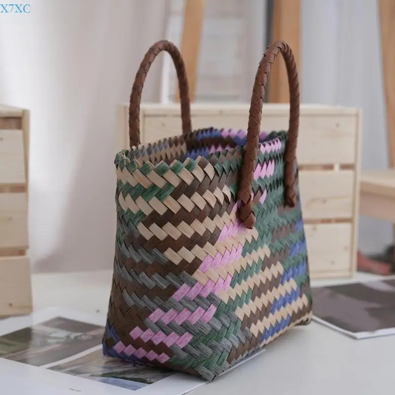 X7XC Stylish Women's Woven Bag With Dachshund Print And Retro Stripe Casual Shopping Bags Handbag for Various Occasion