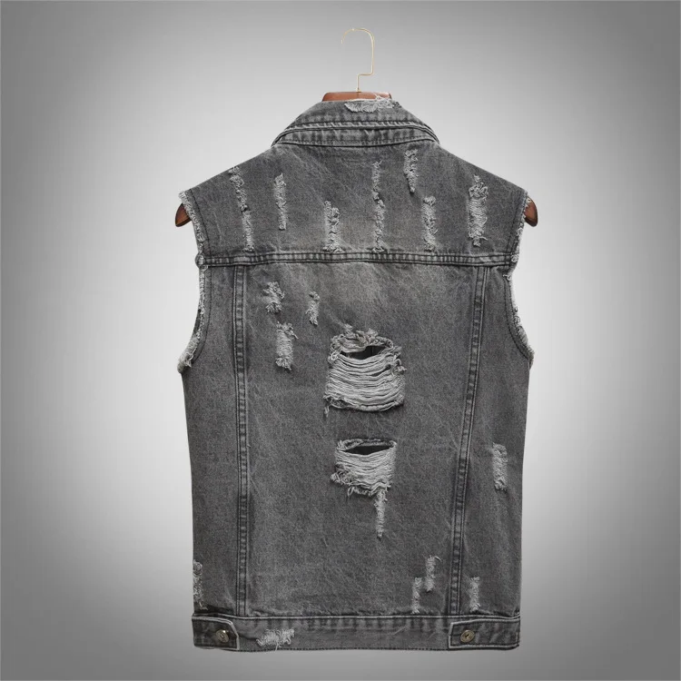 Vests Men Denim Jacket Hole Turn Down Collar Sleeveless Coats Casual Regular Splice Pocket Button Single Breasted Coat Jackets
