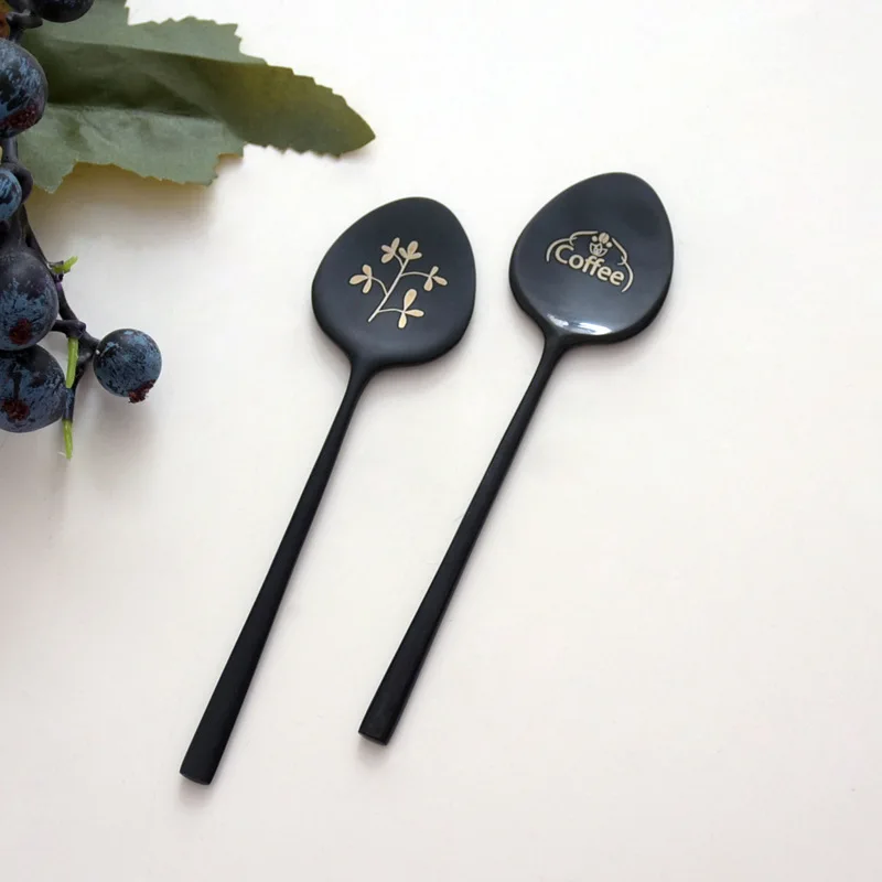 Black 304 Stainless Steel Tea Spoon Coffee Mixing Spoon Stickers Golden Carved Ice Cream Spoon Honey Stirring Spoon Dessert Cake