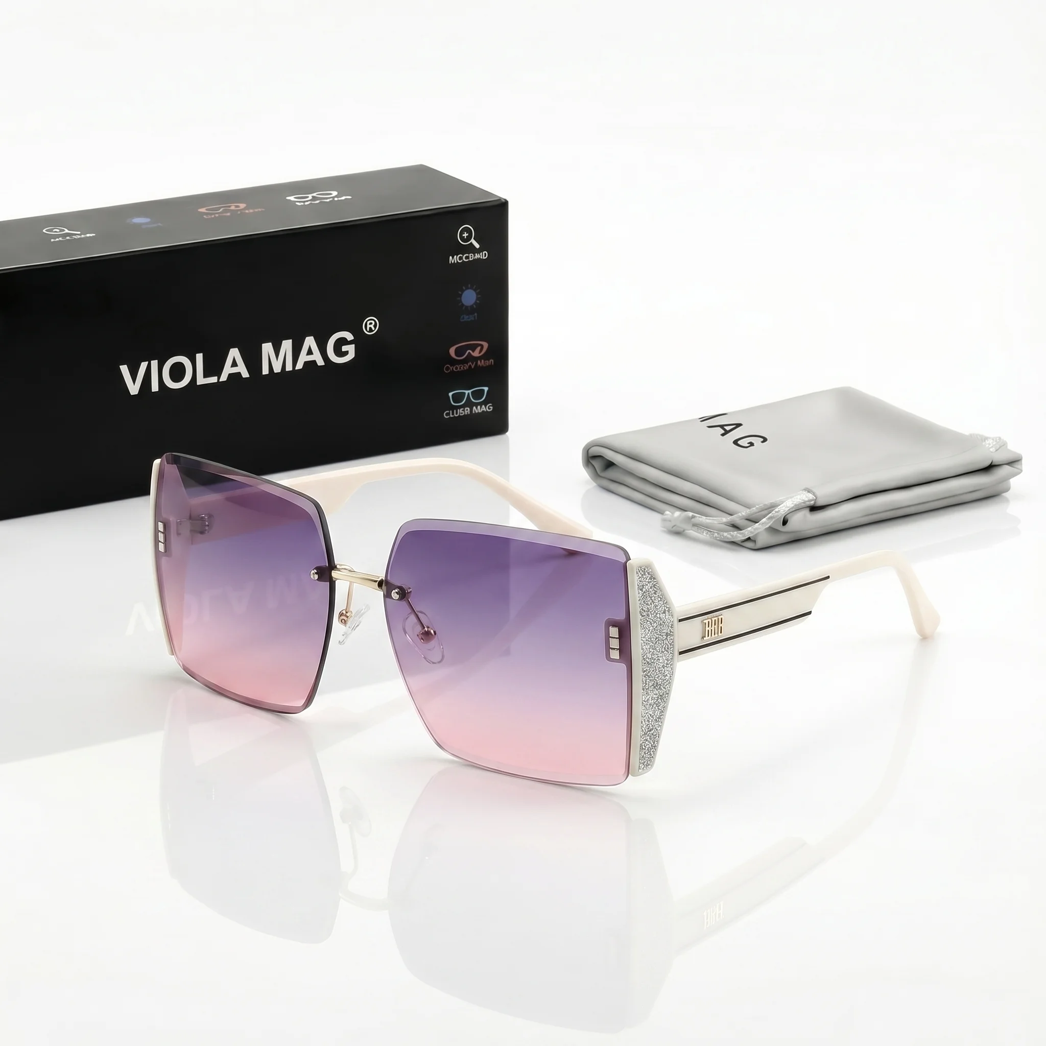 VIOLA MAG light luxury frameless cut edge gradient glasses, unisex large frame, travel party daily trend matching, lens bag