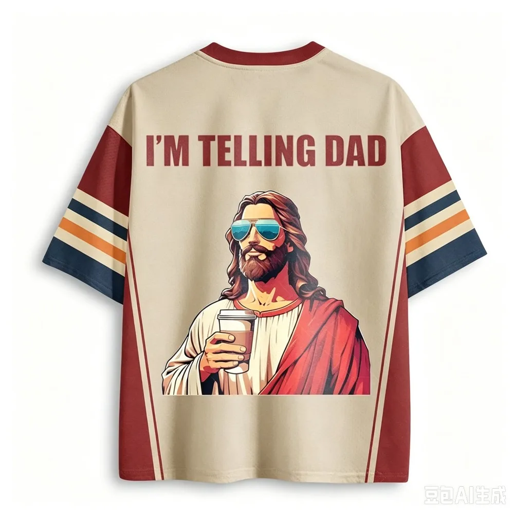 Vintage lustiges Jesus mit Sonnenbrille Kaffee 3D-Druck V-Ausschnitt Oversize-Tops für Herren und Damen Sommer Oversized lässiges Kurzarm-T-Shirt – Detail 3