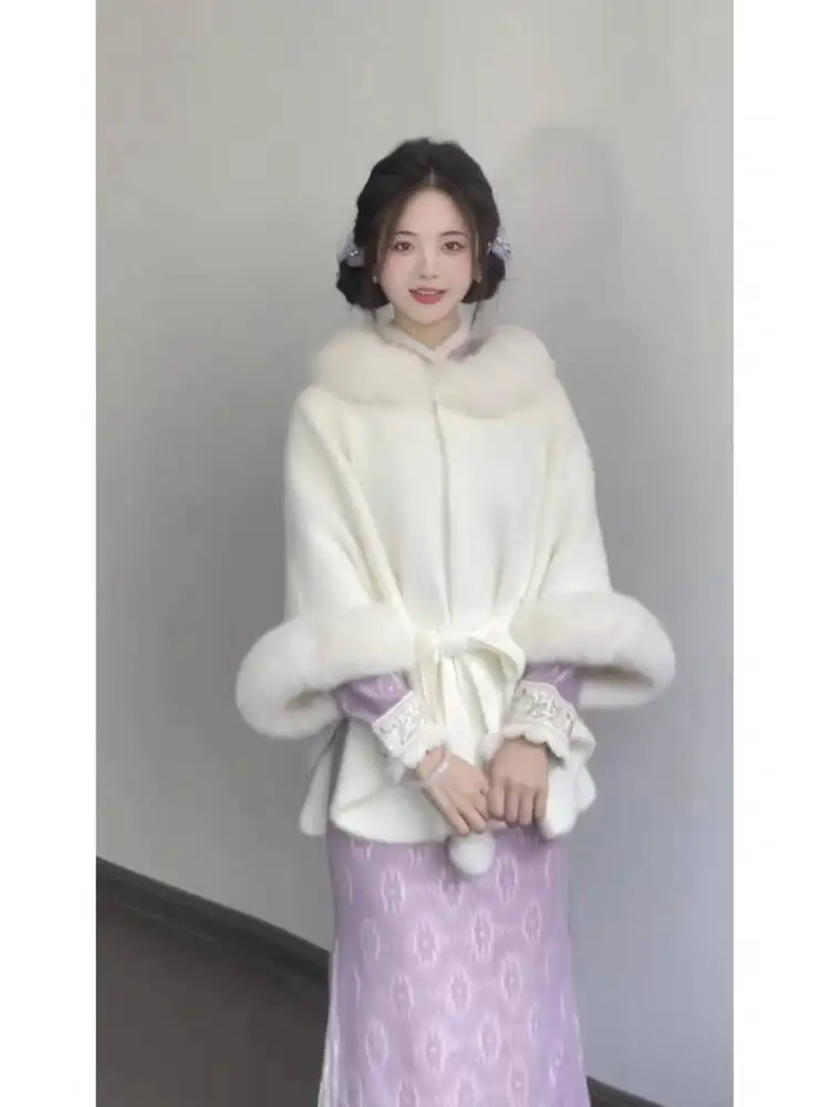 Thickened Cowl Neck Wrap Shoulder Coat Short Fashion Slimming Batwing Sleeve Mink Velvet White Open Cardigan Outerwear