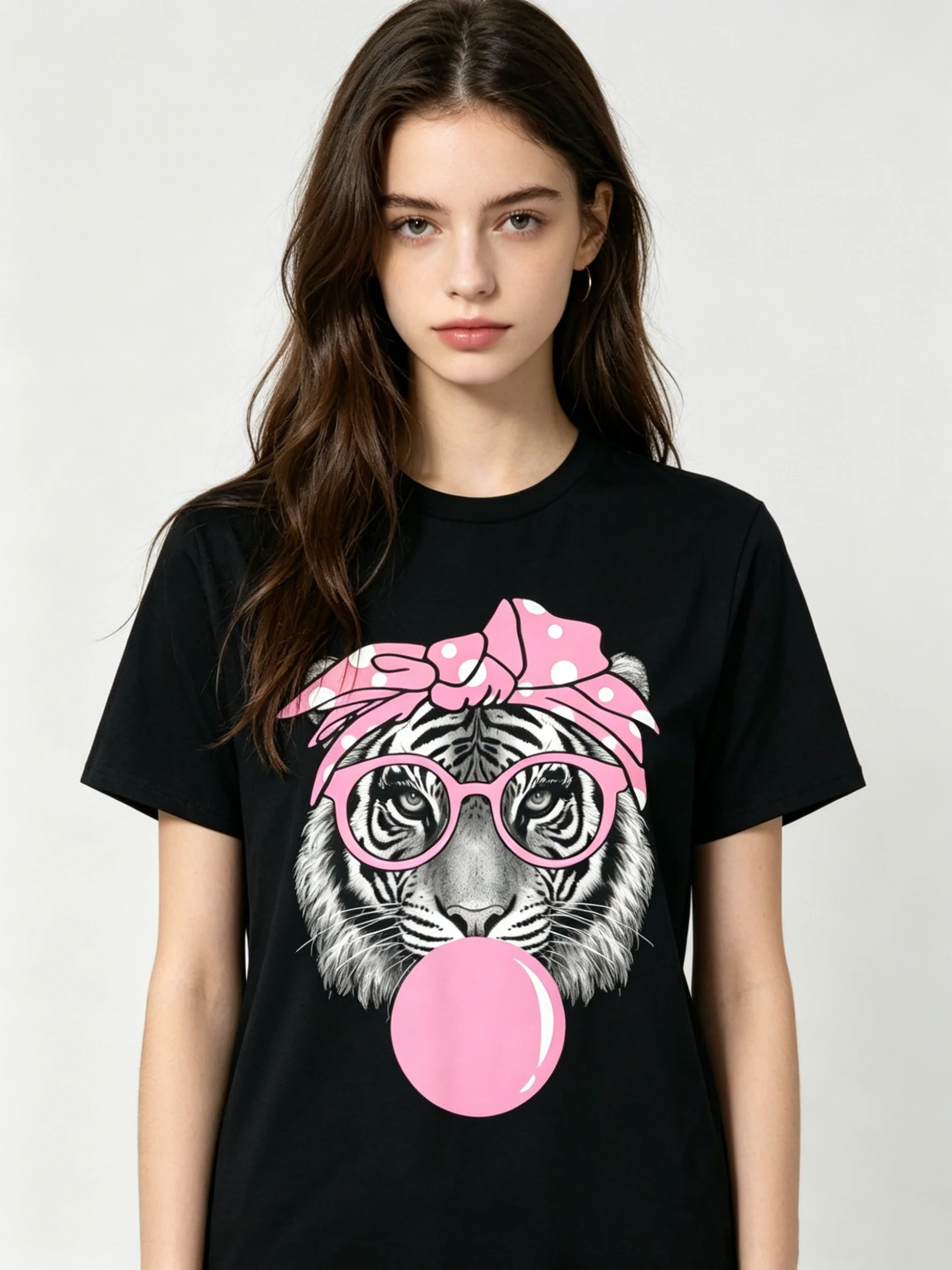 Pink Tiger Bubble Gum Graphic Tee, Round Neck Short Sleeve T-shirt, Medium Stretch Casual Top for Everyday or Parties, Fun Streetwear Style Unisex