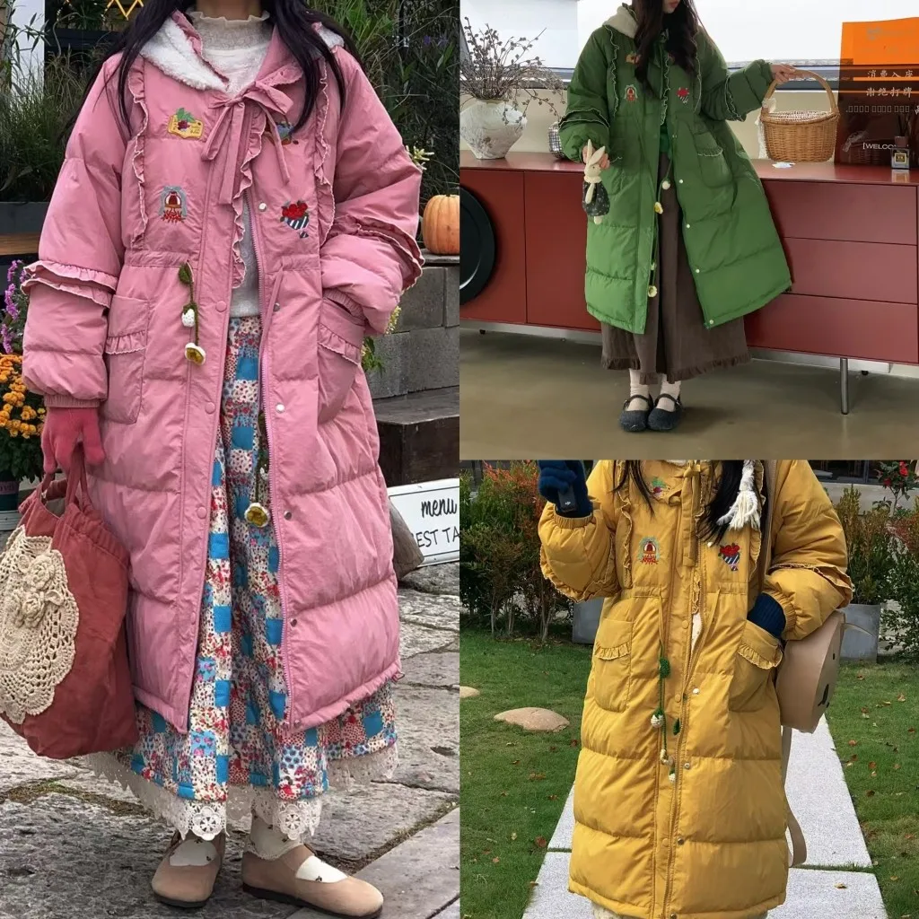 

Cute Lamb Fur Hooded down Jaet Long Embroidered Flower Waist Belt Sweet Forest Girl Sle Women's Faion Autumn Winter Coat