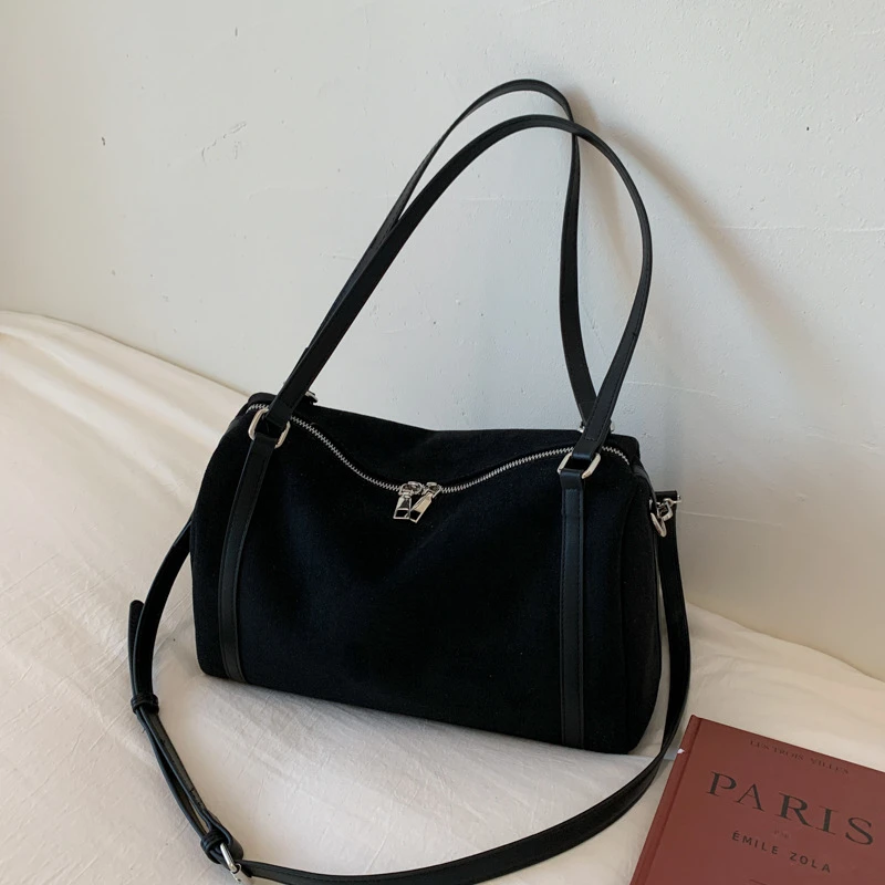 Damen-Handtaschen mit großer Kapazität, lässige Retro-Umhängetaschen aus Wildleder mit Reißverschluss, einfarbige Schultertaschen für den Alltag. – Detail 32