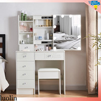 Dressing Table Mirror Drawers Vanity Makeup Desk Stool Set With LED Lights White