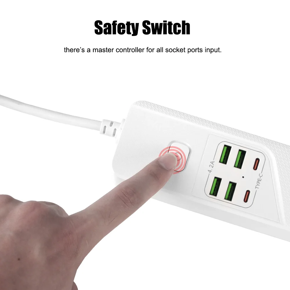 EU Plug Power Socket 100V-250V 10A 3000W Office Socket Expansion Board 4 Ports AC Outlet 5V/4.2A USB Type-C Charger Adapter