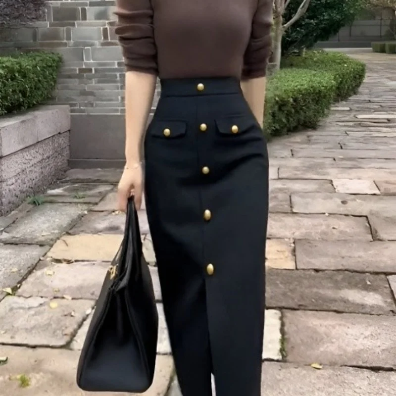 New Fashion Office Lady Skirt Women French High Waist Single Breasted Slim Pencil Skirts Elegant Split Solid Color Jupe