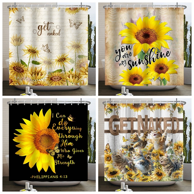 

Autumn Sunflower Shower Curtain Rustic Sunflowers Cat Flower Butterfly Floral Wood Waterproof Bathroom Shower Curtain Home Decor