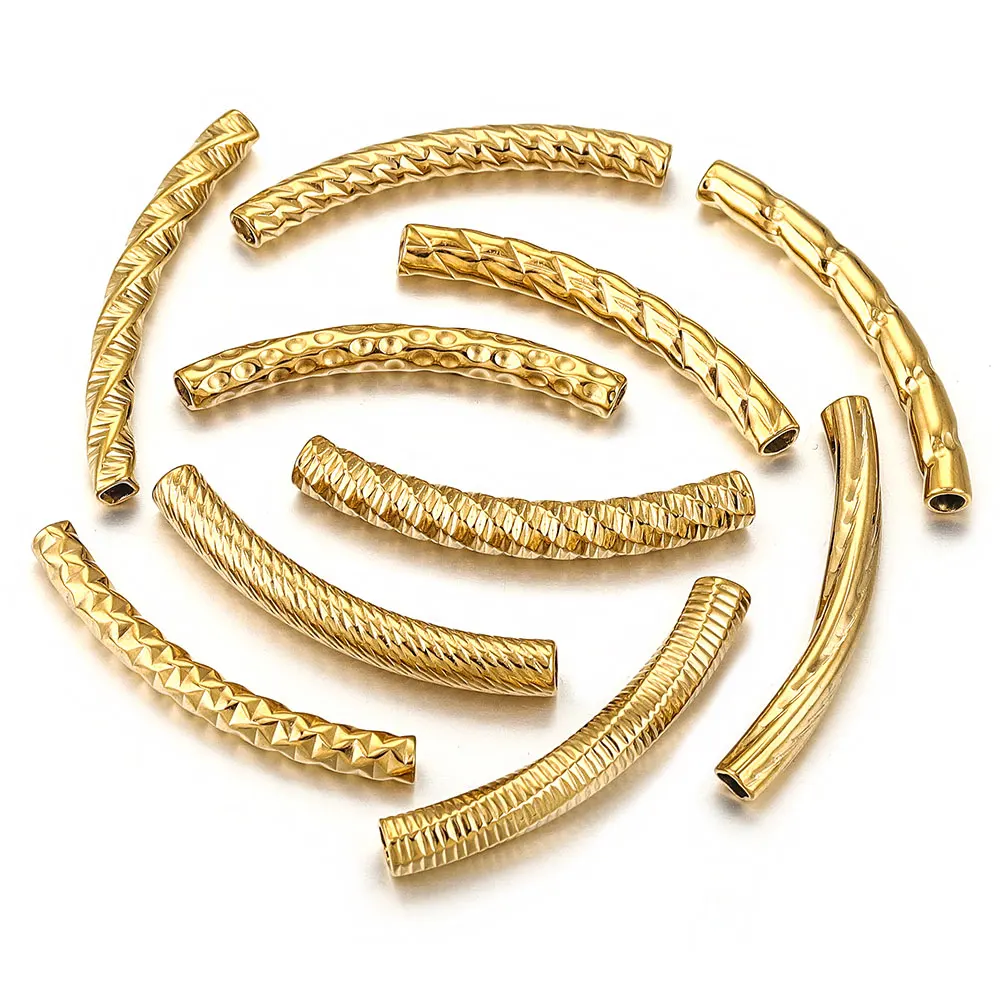 5pcs Stainless Steel Gold Plated PVD Curved Tube Beads No Fading DIY Necklaces Bracelet Woman Jewelry Making Materials Wholesale