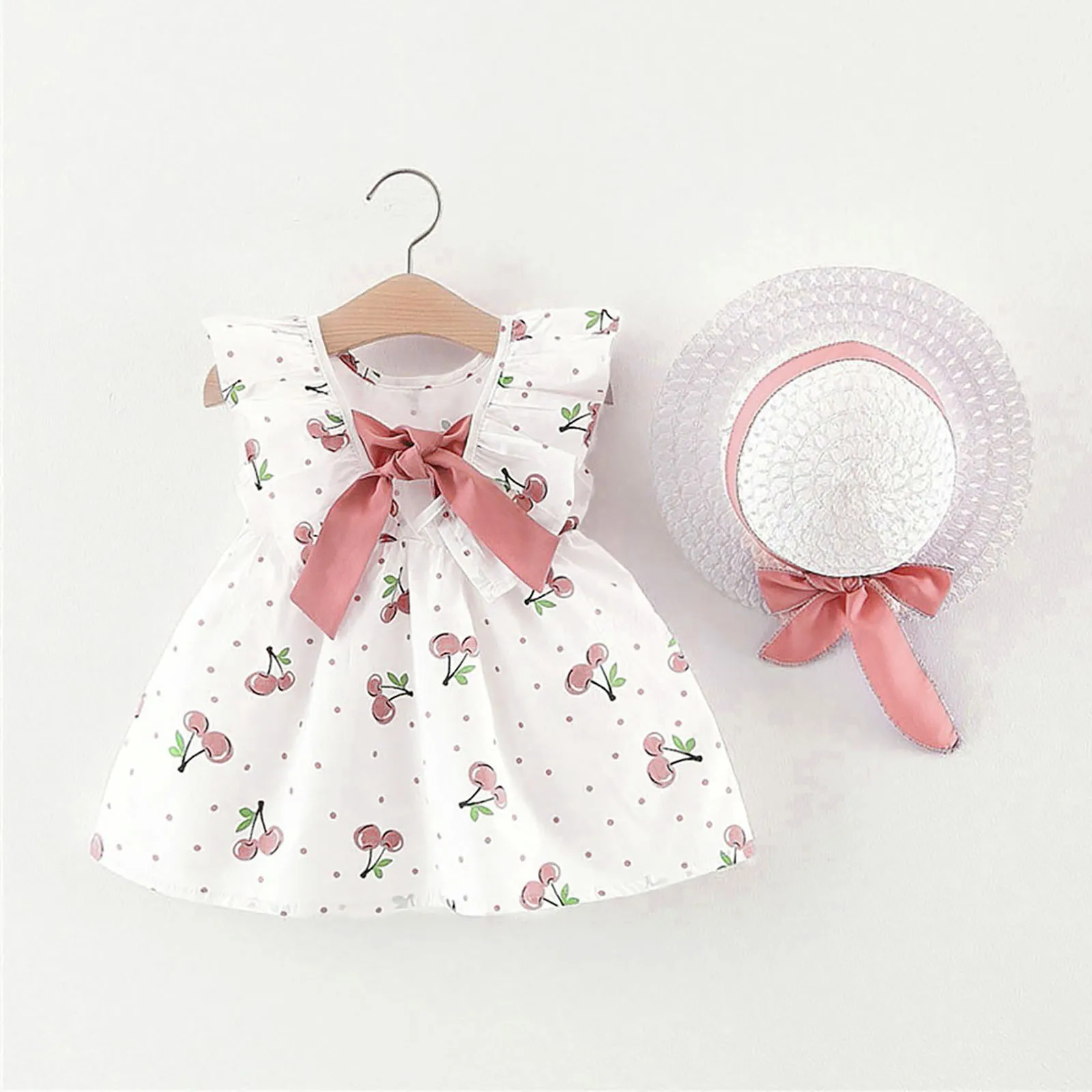 Baby Dress 2024 Summer New Girl's Sweet Bow Dress Children's Strawberry Print Small Fresh Casual Dress+Hat Children's Wear