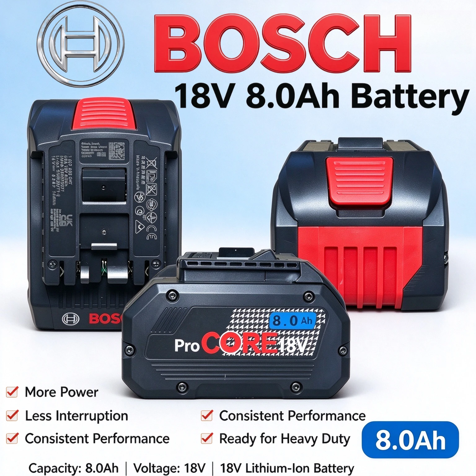 100% Original Bosch 18V 8.0Ah ProCORE Replacement Lithium PBA18V Long Cycle Life Cells Fully Matched with Bosch 18V Equipment